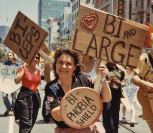 In San Francisco's 1984 Lesbian and Gay Freedom Day Parade, BiPOL cofounder Lani Ka'ahumanu (l-r): Founding BiPOL organizer Bill Mack, Lynne Frawley, Ka'ahumanu, (Photographer: Arlene Krantz) 